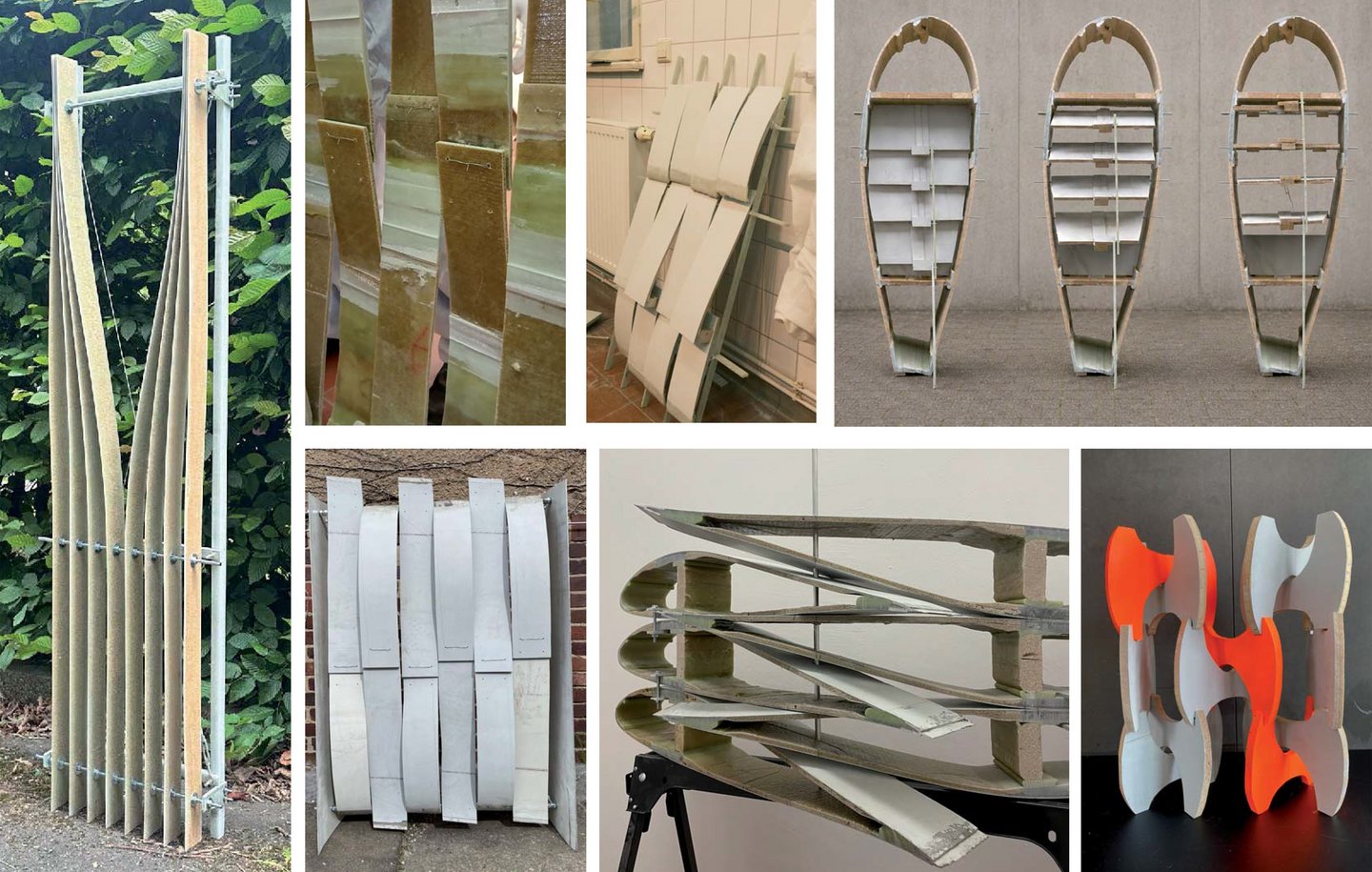 ReRotor Collage zu Herstellung und finalen Produkten aus alten Rotorblättern
