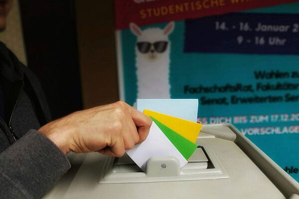 Vier verschiedene Stimmzettel werden in die Wahlurne geworfen