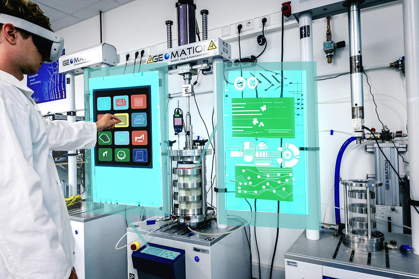 2. Platz Fotowettbewerb Forschungsperspektiven 2024 ein Mann schaut durch eine Mixed Reality Brille und sieht digitale Informationen im Labor
