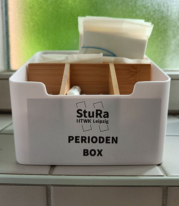 Weiße Box mit Tampons und Binden