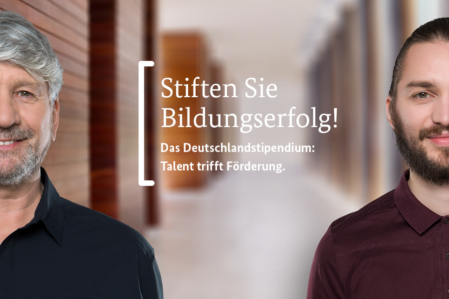 Botschafter für das Deutschlandstipendium: Norbert Hippler (links) und Wladimir Sawin Mit dieser Werbeanzeige wirbt das Bildungsministerium in Zeitungen und im Internet für das Stipendienprogramm. Den in der Mitte befindlichen Text „Stiften Sie Bildungserfolg!“ umrahmen Förderer Norbert Hippler links und Stipendiat Wladimir Sawin. Beide sind am Bildrand positioniert und somit jeweils nur mit einer Gesichtshälfte zu sehen.