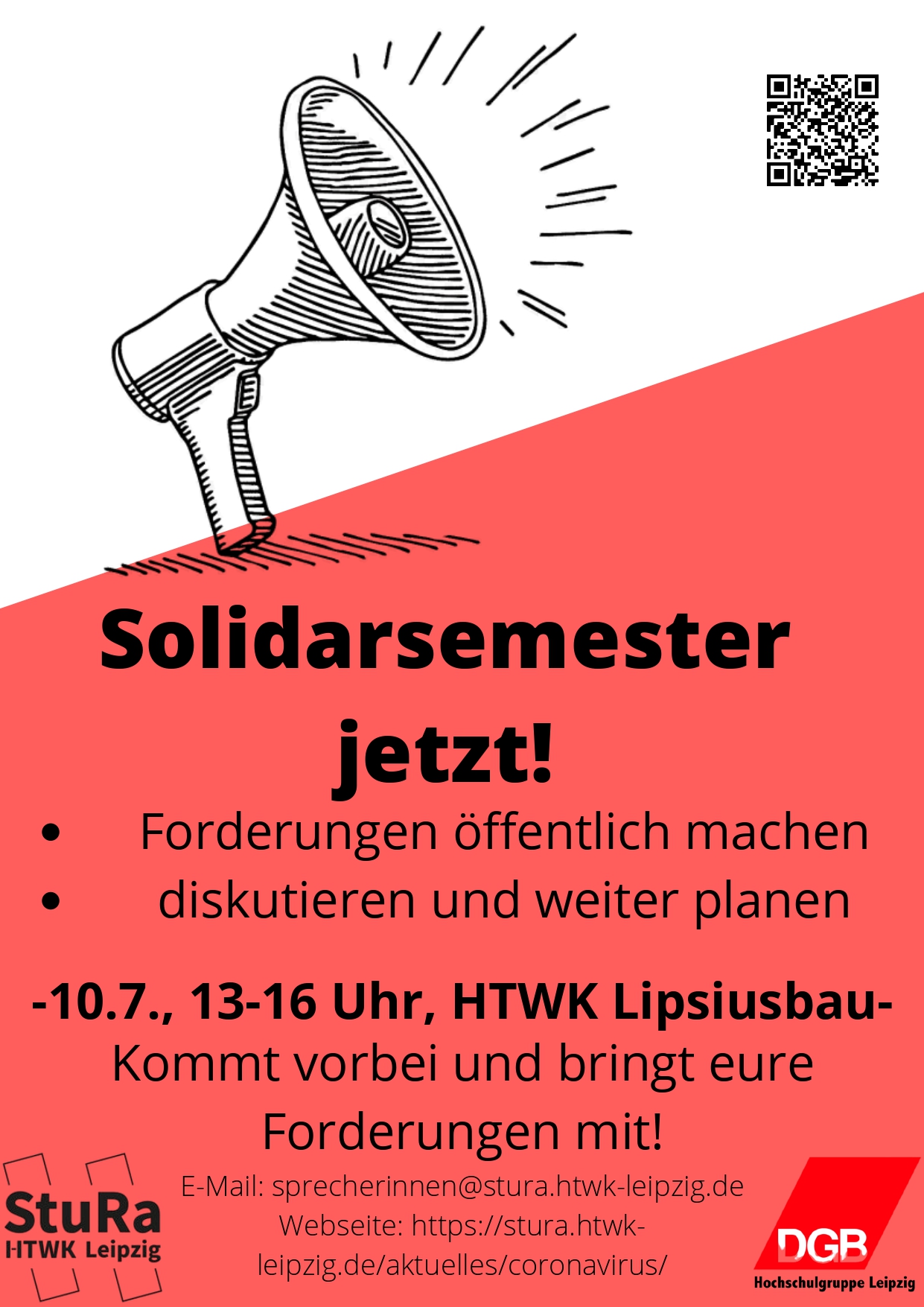 Ein Aufruf zu unserer Aktion "Solidarsemester jetzt!", welche am 10.07.2020 von 13.00 - 16.00 Uhr vor der HTWK Leipzig stattfinden wird.